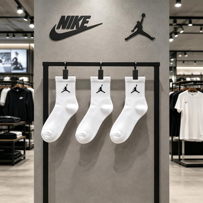 Jordan Nike Socks for Men and Women, Towel Bottom, Nike Sports Mid-Length and Long-Length Autumn and Winter Youth Cotton Socks, White, 3 Pairs
