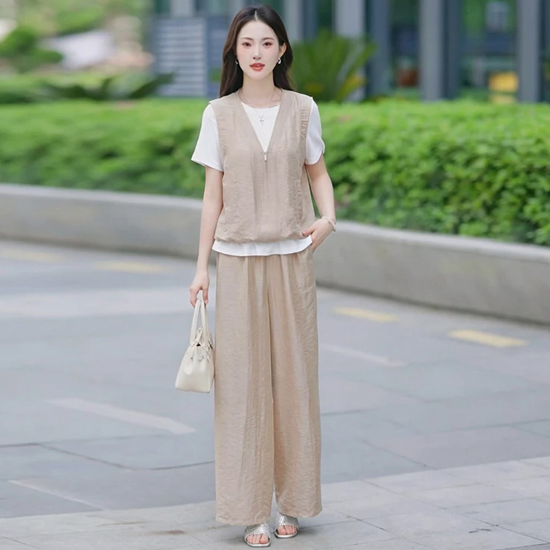 Fashionable Casual Suit for Women 2026 Summer New Stylish Loose Slimming Fake Two-Piece Short-Sleeve Wide-Leg Pants Two-Piece Set