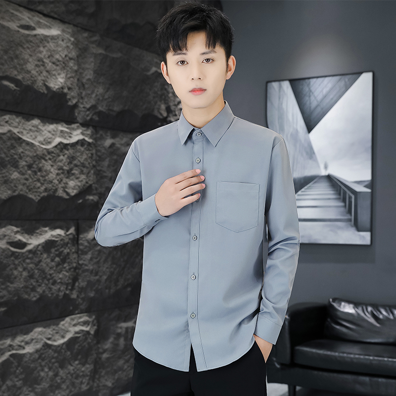 Long-Sleeved Shirt Men's Summer Solid Color Square Collar Pocket Casual Business Professional Slim Fit Formal Non-Iron White Shirt