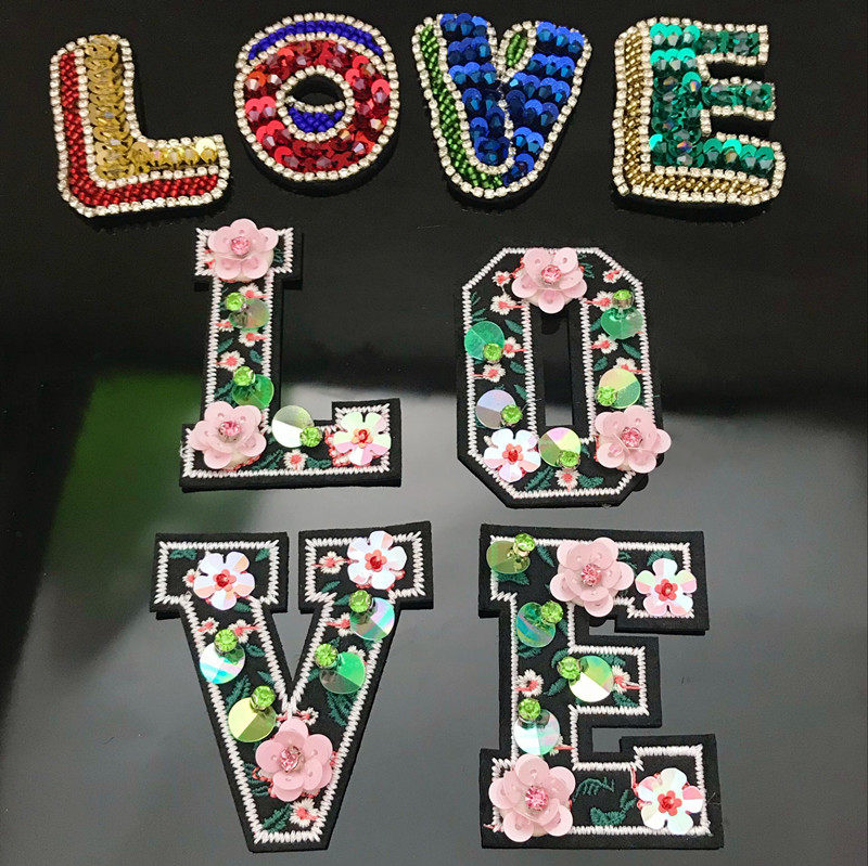 Hand-made beaded English alphabet cloth stickers clothes hat DIY decorative accessories hole sticker flower