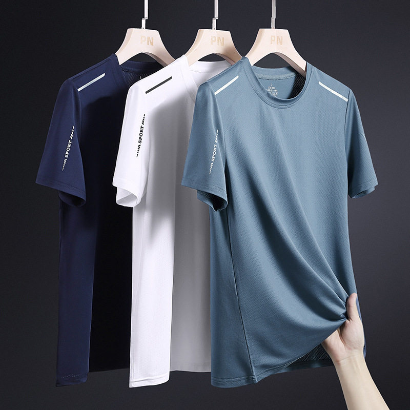 Ice Silk Short Sleeve T-Shirt Male Breathable Round Collar Tide Speed Dry Summer Thin speed Dry Great Code Slip Sport-Taobao