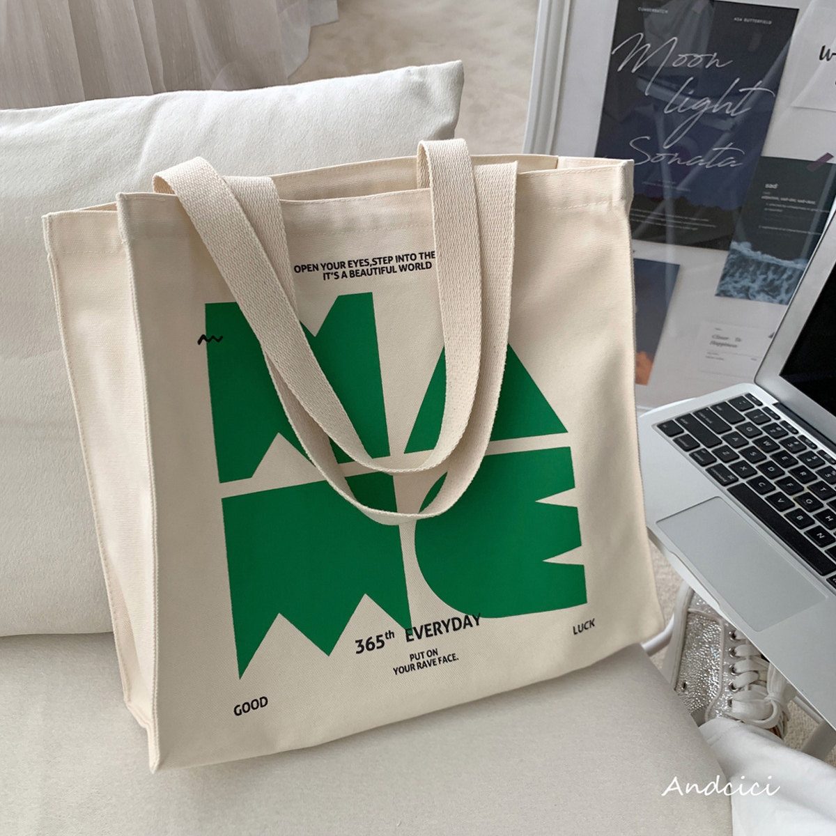 A N D C I C I STYLE DESIGN SENSE NAME ALL COTTON PULL CHAIN SAILS CLOTH BAG SINGLE SHOULDER MALE AND FEMALE STUDENT SCHOOL BAG SHOPPING BAG