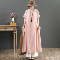 Full cotton jacquard summer art Fan round collar disc buckle retro cotton linen pure color long style A character short sleeve dress 6811