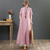 2019 Summer art retro pure colour cotton linen Chinese wind stand collar disc buckle in long style short sleeve dress 6913