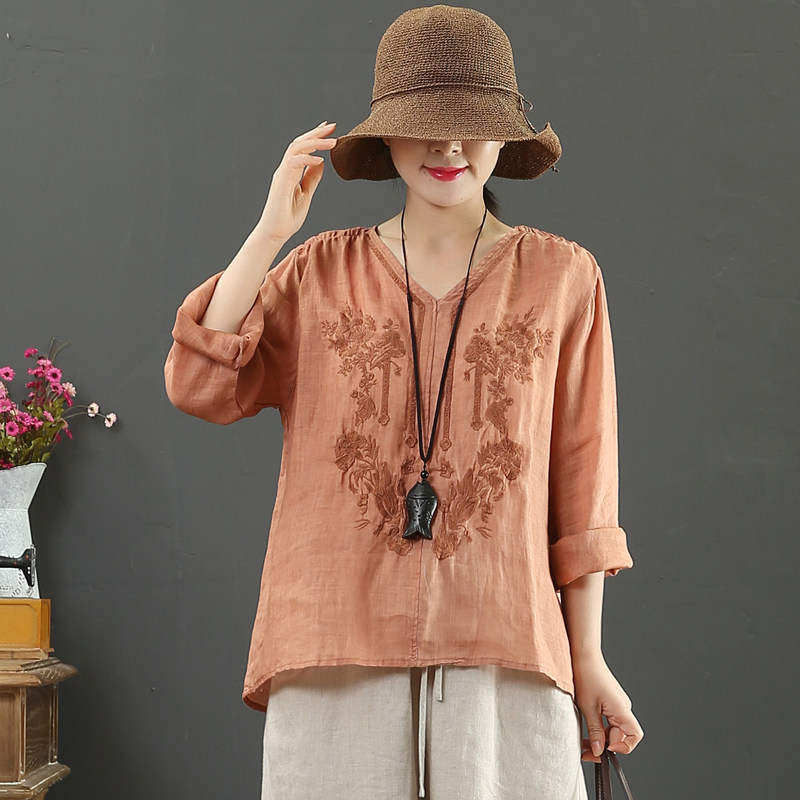 September Kaka pure linen V-neck long-sleeved shirt Spring new national style solid color embroidered wild top 8956