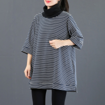 September kaka art big code high collar stripe loose middle sleeve womens fashion autumn and winter clothing hit bottom T-shirt 3798