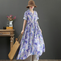 September Card pure Hemp High End Original Big Code V Collar Crushed Flowers Large Pendulum Long Skirt Short Sleeve Dress 2135