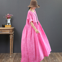 High End Pure-Hemp Beach Summer Art Cotton Numb COTTON HEMP LARGE SWING SKIRT SHORT SLEEVE LONG DRESS WITH DRESS 3230