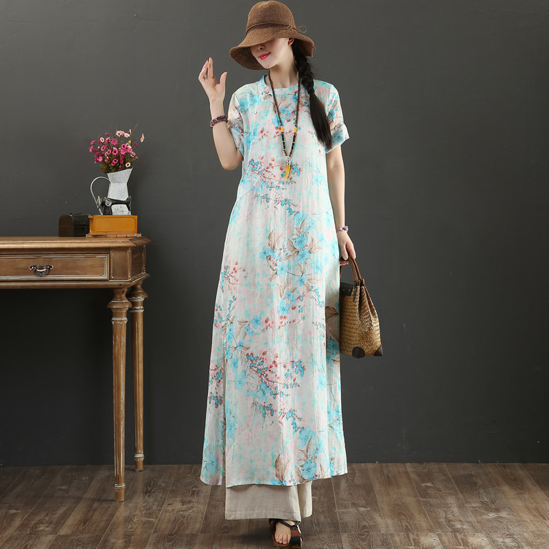 September Kaka original design pure hemp modified cheongsam skirt summer short-sleeved A-line printed long skirt 9258