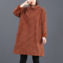 September Carca big code Literary high collar striped velvety with undercoat clothing and womens winter style thickened 6028