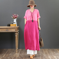 September Card pure linen art big code cotton linen V collar A character dress short sleeve long dress pure color one-piece dress 6691