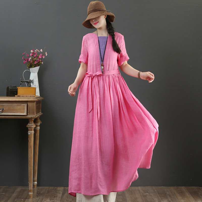 September Kaka original design pure hemp summer short-sleeved long dress big swing skirt bow dress 3003