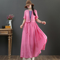September Card Original design Pure Hemp Summer Short Sleeve Long Skirt Large Hem Skirt Butterfly Knot Dress 3003