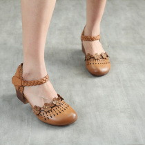 September Carca head layer of cow leather high heel heels heel coarse and hollowed-out art retro womens shoes 1126