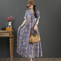 September Card Original Pure Hemp Printed a Character Long dress V collar short sleeves Long style Slim One-piece Dress 3502