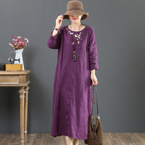 September kaka spring clothing new pure linen art cotton linen embroidered large code long sleeve long dress with dress 6588