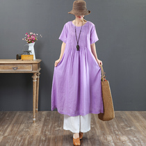 September kaka art big code linen short sleeves one-piece dress summer lady 2018 new folds big swing length dresses 3322