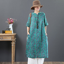 September Carca Pure Hemp Art Cotton Numb Retro Big Code Skirt Chinese Short Sleeve Printed dress 3331