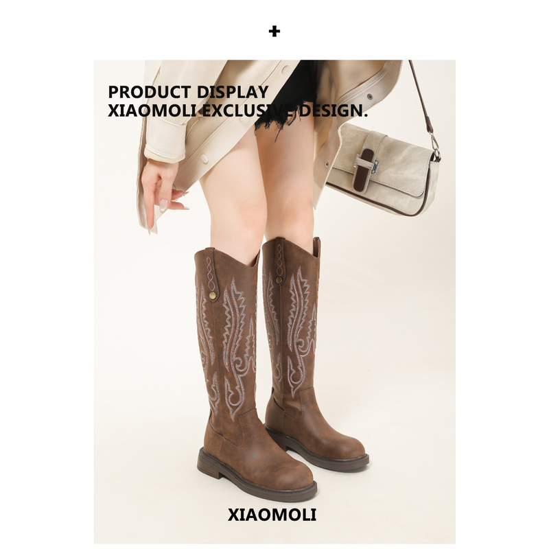 Brown Over-The-Knee Boots for Women, Retro Embroidered Flat-Soled Western Cowboy Boots with Back Zipper, Slimming High-Top Riding Boots