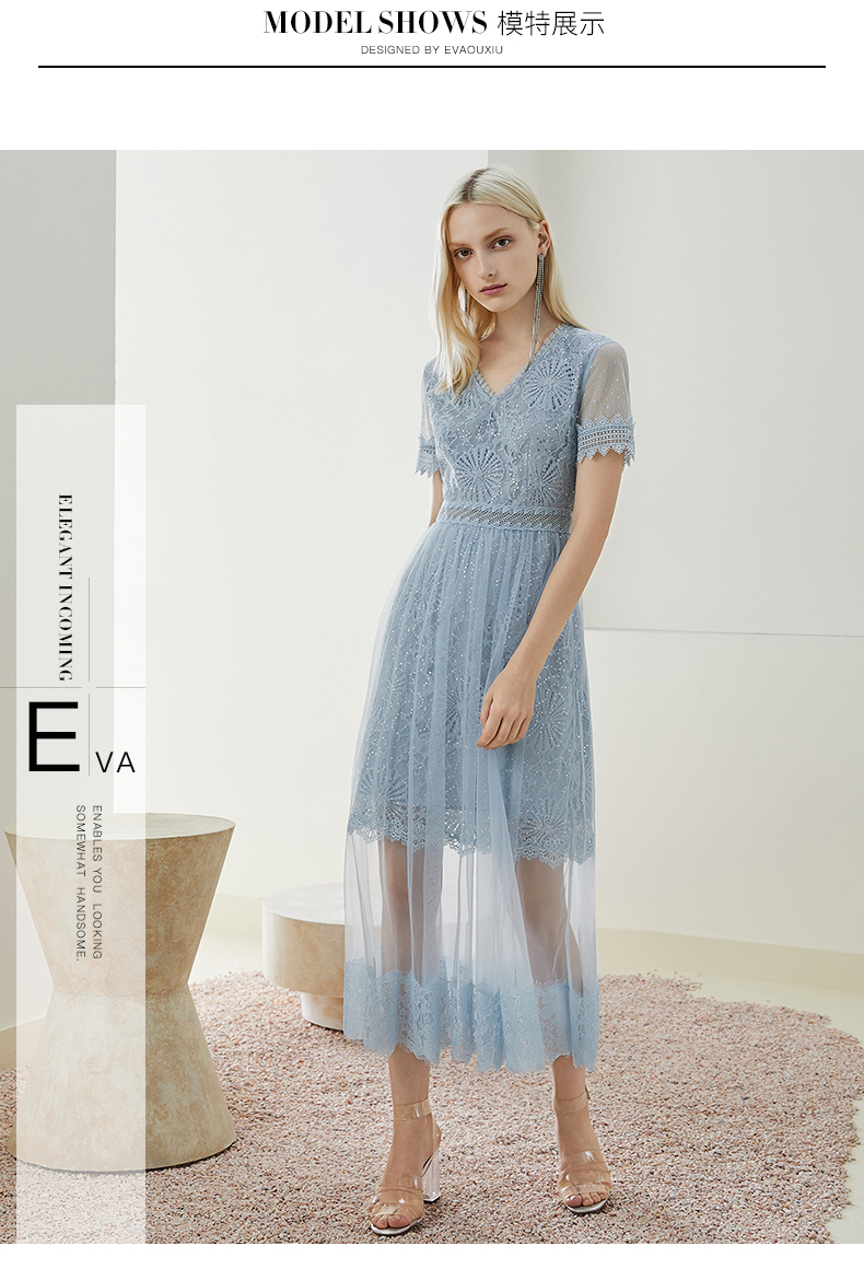 Yihua Ou Xiu 2019 hè nữ mới màu rắn v-cổ đính sequin sợi tơ tằm - Váy eo cao váy dúm eo	