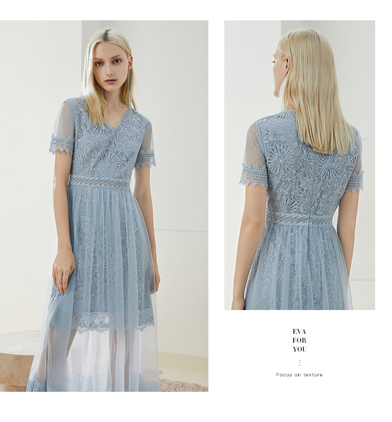 Yihua Ou Xiu 2019 hè nữ mới màu rắn v-cổ đính sequin sợi tơ tằm - Váy eo cao váy dúm eo	
