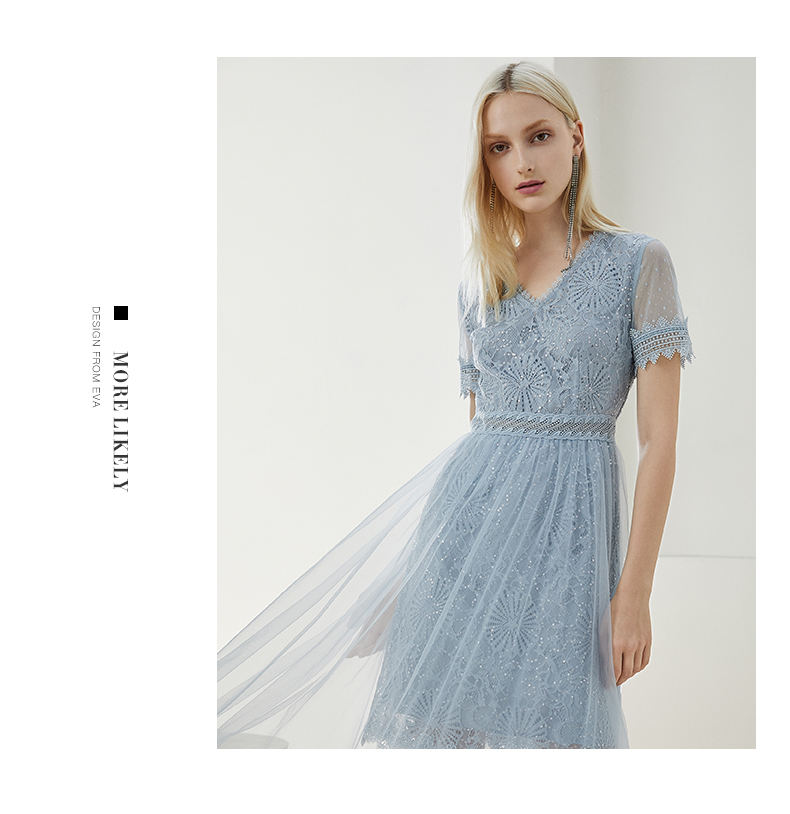 Yihua Ou Xiu 2019 hè nữ mới màu rắn v-cổ đính sequin sợi tơ tằm - Váy eo cao váy dúm eo	