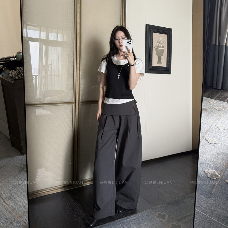 En Guan_Grey Drawstring Wide-Leg Pants for Women, Summer Design, Loose Straight-Leg Faux Two-Piece Casual Long Pants