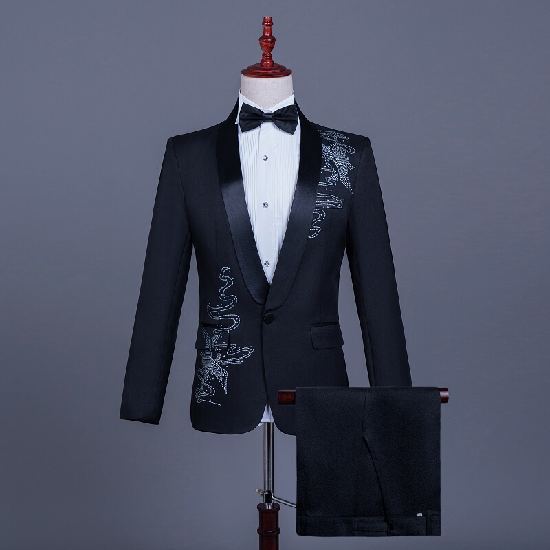 Men's Rhinestone Performance Suit, Choir Suit, Fitted Suit with Mandarin Collar, Host, Student, Art Exam Formal Wear Men's Rhinestone Performance Suit, Choir Suit, Fitted Suit with Mandarin Collar, Host, Student, Art Exam Formal Wear