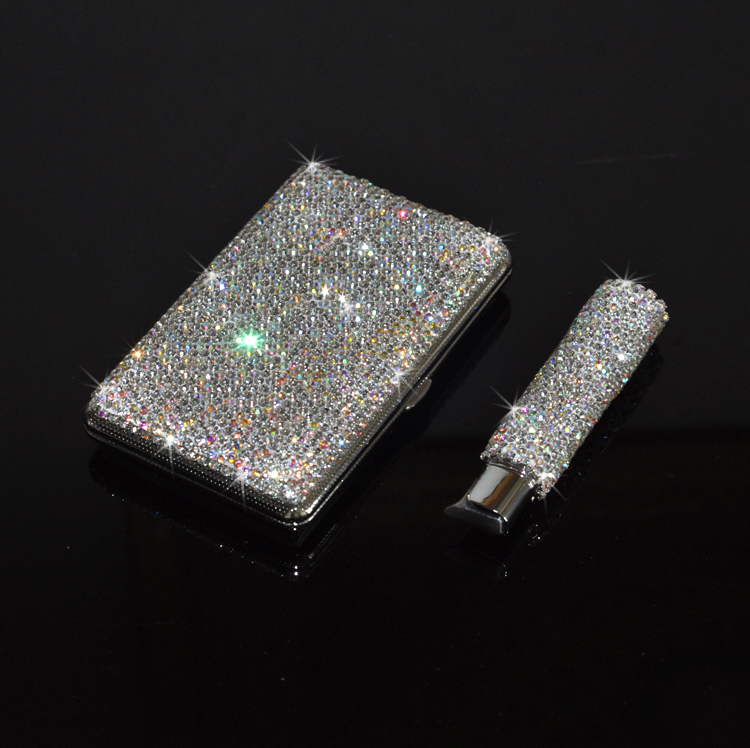 Fashion creative diamond-encrusted ladies cigarette case lengthened 20 sticks diamond metal anti-pressure women's lighter birthday gift