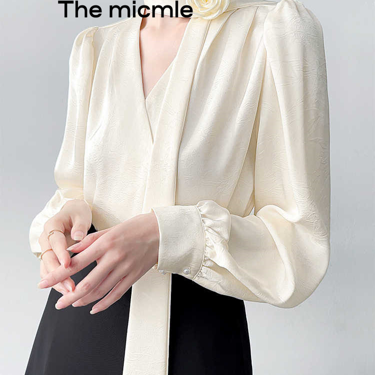 The Micmle Ribbon Silk Shirt Women's Spring & Fall New Professional Work Clothing Shirt French Style V Neck Top The Micmle Ribbon Silk Shirt Women's Spring & Fall New Professional Work Clothing Shirt French Style V Neck Top