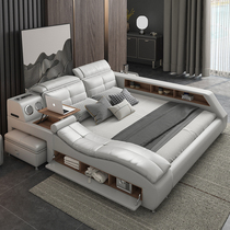 Light luxury leather bed Double bed 1 8 meters wedding bed Soft bed Modern simple master bedroom wedding bed Nordic atmosphere leather art bed