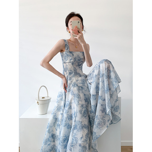 Signature Blue Fog Rose French Print Dress Female 2022 Goddess Summer Square Collar Tea Break Beautiful Swing Skirt