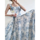 Signature Blue Fog Rose French Print Dress Female 2022 Goddess Summer Square Collar Tea Break Beautiful Swing Skirt