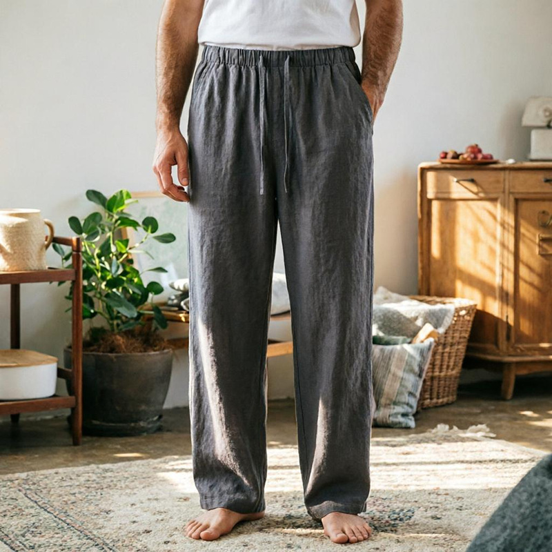 Qmlp Men's Hemp Loose Straight-Leg Pants Spring and Summer Sand-Washed Casual Pants 14-Count Breathable Men's Long Pants