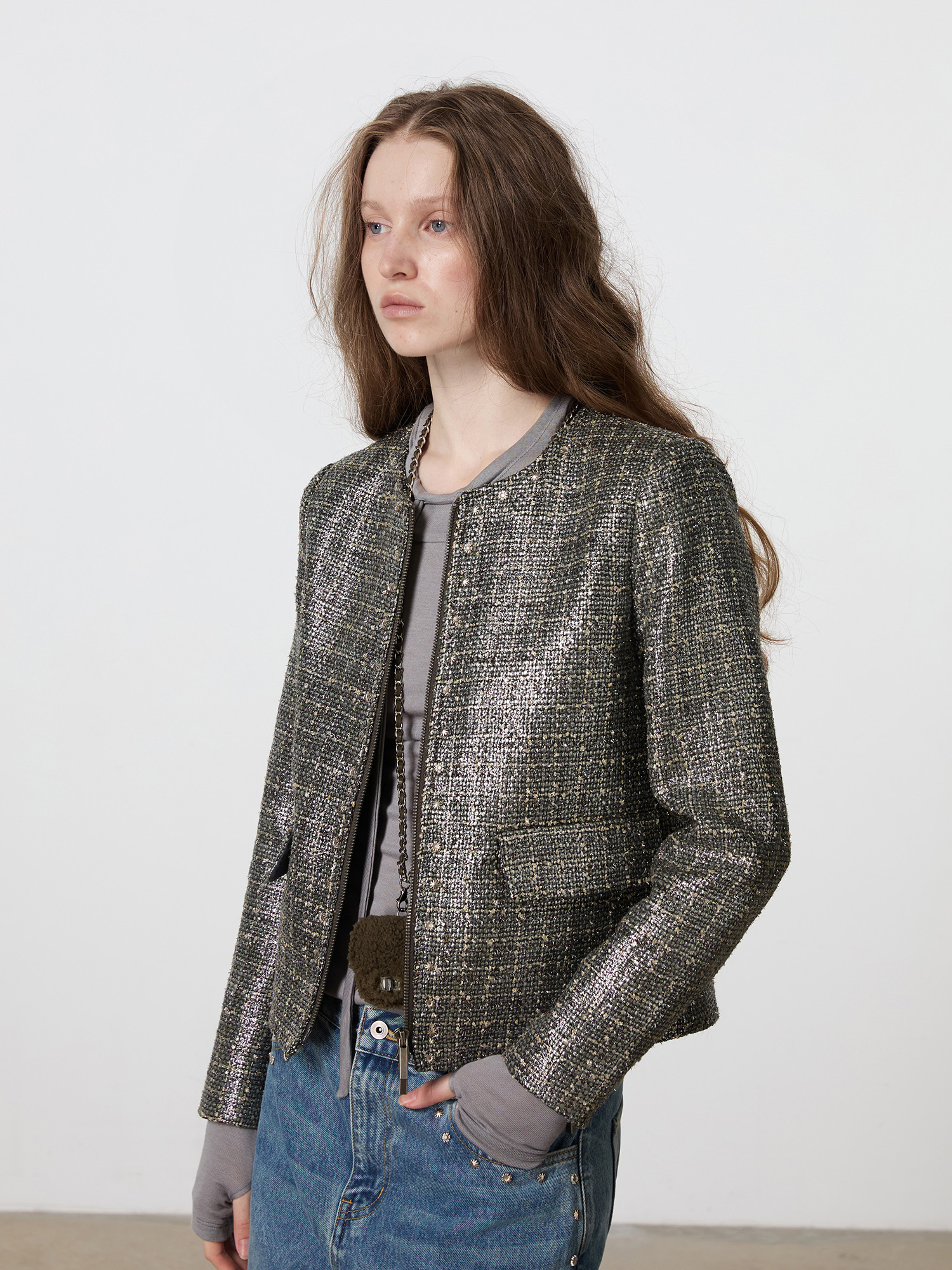 ジャケット・アウター unused 18aw check coat us1462 The Wizard of Oz Silver Studded Check Floral Chanel Jacket