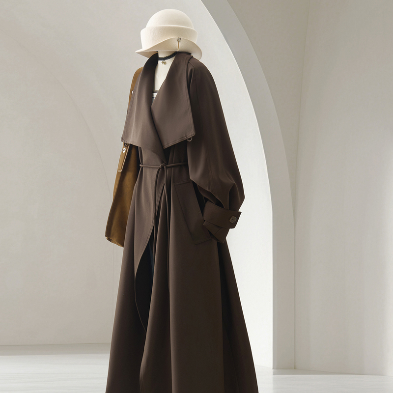 4U4U Melard Brown Large Lapel Long Trench Coat for Women, Autumn, High-End Style, Elegant Tie-Waist, Draped Coat