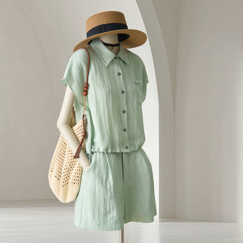 4U4U Green Collared Shirt + Shorts Two-Piece Set for Women, Very Stylish, Lazy and Relaxed, Lightweight Sleeveless Suit