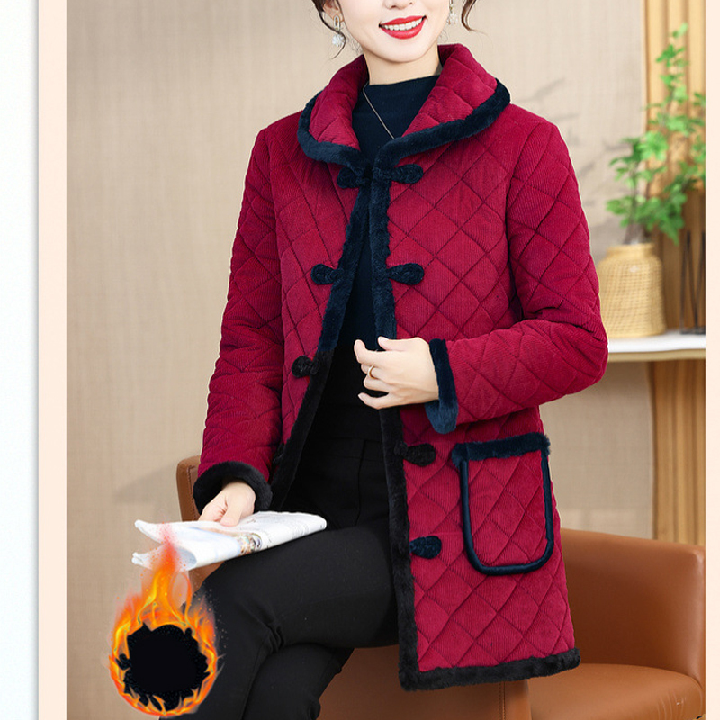 Middle-Aged Women's Autumn and Winter Cotton Clothing, Mid-Length, Fleece-Lined, Thickened Pajamas, Single Top, Corduroy Cotton Jacket, Large Size Coat