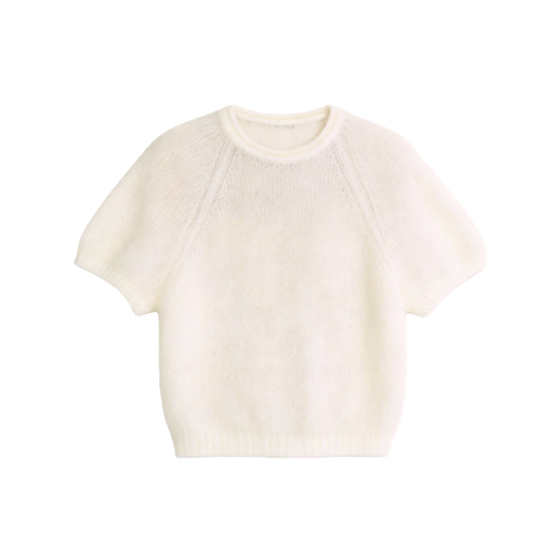Lazy Style Outfit: White Mohair Pullover Sweater for Women, Early Autumn, Soft and Gentle, Loose Short Knit Top
