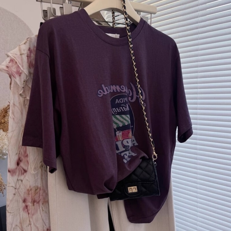 American Retro Purple Letter Printed Short-Sleeved T-Shirt for Women in Summer, Loose Snowflake Cotton Cool Design T-Shirt Top