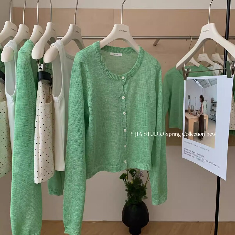 Green Round-Neck Ice Silk Knitted Sun Protection Cardigan for Women, Thin Summer Outerwear, Air Conditioning Shirt, Linen Top Green Round-Neck Ice Silk Knitted Sun Protection Cardigan for Women, Thin Summer Outerwear, Air Conditioning Shirt, Linen Top