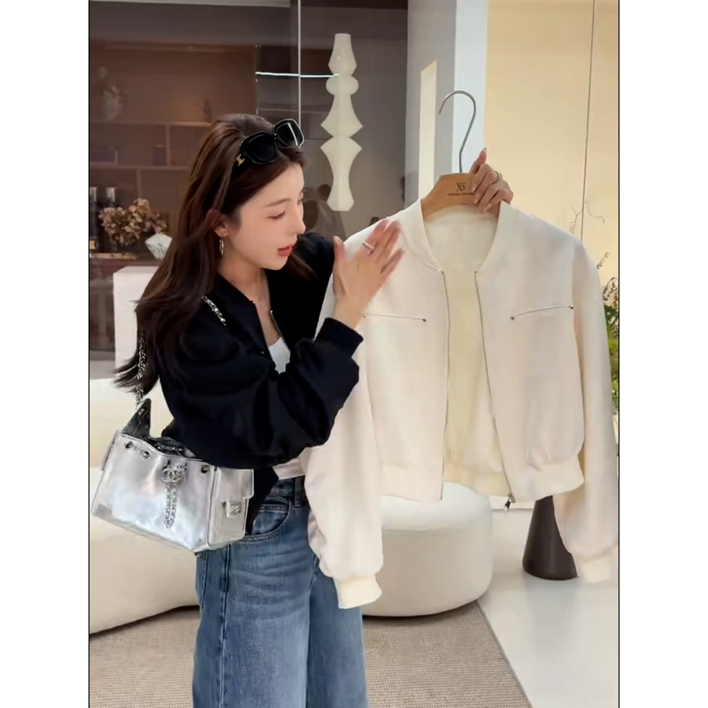 Casual Satin White Short Baseball Jacket for Women 2026 Spring New Style High-End Petite Jacket Top