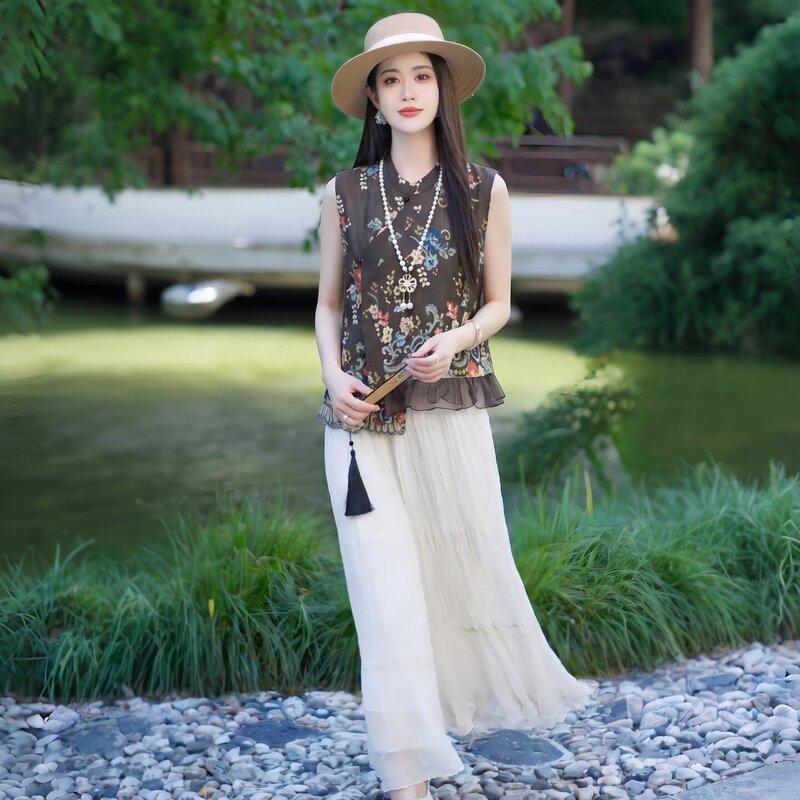 New Chinese-Style Retro Sleeveless Shirt for Women, Summer New Fashion Chic Blouse with Irregular Vest Top