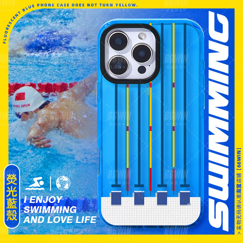 Original Swimming Theme Mobile Phone Case Suitable for Iphone16Promax Swimming Pool iPhone 15 Pro /14 Cool Swimming Theme Ip13P/12 Niche Creative Blue Fluorescent Soft Non-Colliding Case