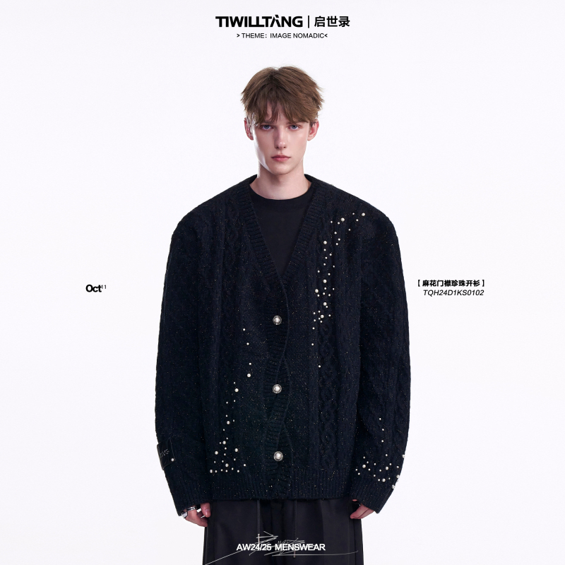 【Zanghai Shengjie】Qishi Lu (Qishi Records) “Vibe” Romantic Crystal Sparkling Three-Dimensional Pearl Cable Knit Sweater Cardigan