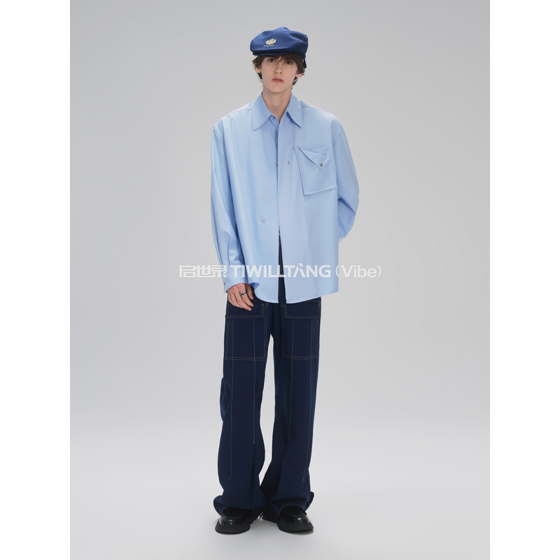 Qishilu Tiwilltang "Gouyu Qihuan" Three-Dimensional Placket Men's Casual Shirt Blue Collared Shirt