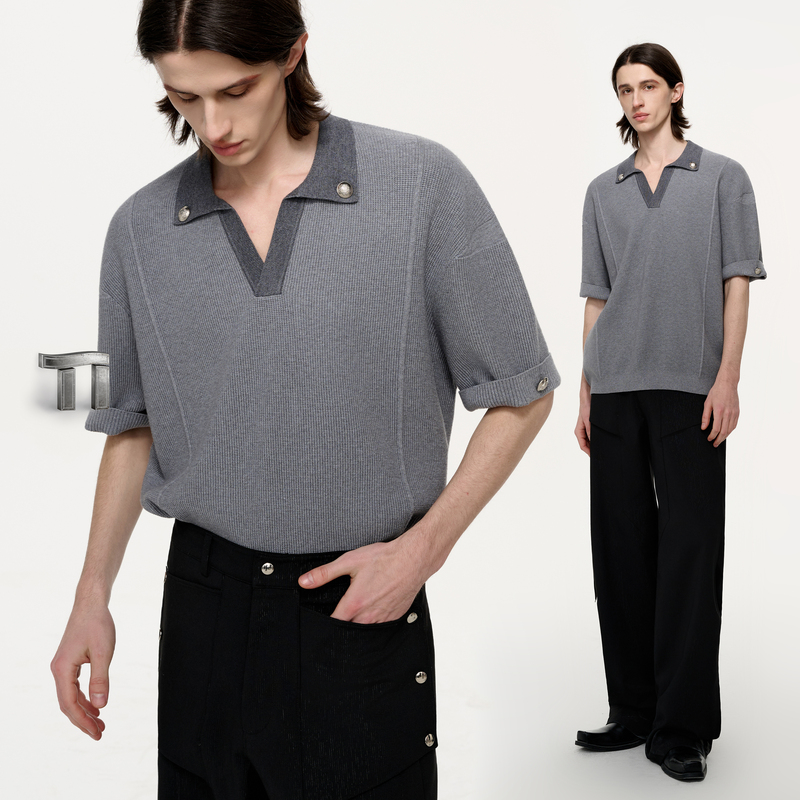 Qishilu Tiwilltang "Medal Woven Language" Design Short-Sleeved Knitwear Men's Summer Loose T-Shirt Top