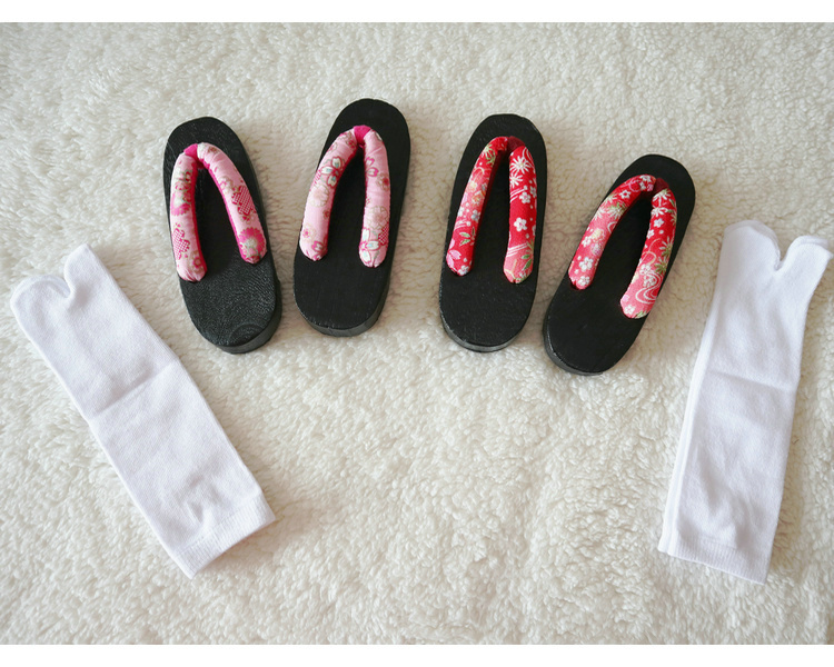 Japanese-Style Children's Wooden Clogs with Two-Toe Socks, Girls' Cherry Blossom Wooden Clogs, Flip-Flops, Kimono Paulownia Cherry Blossom Wooden Clogs