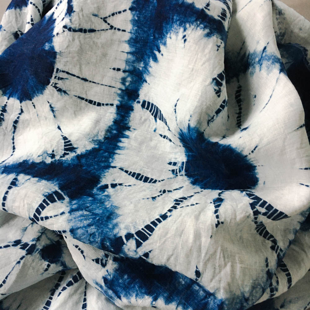 幾何学模様 手縫いで絞り風 ろうけつ染め紺地に緑、黄緑、黃、白の柄