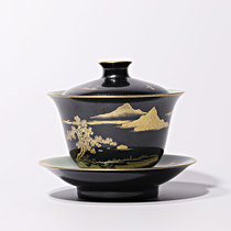 Jingdezhen Hua Yintang hand-painted black crystal celadon gold landscape cover Bowl Sancai bowl tea bowl kung fu tea set